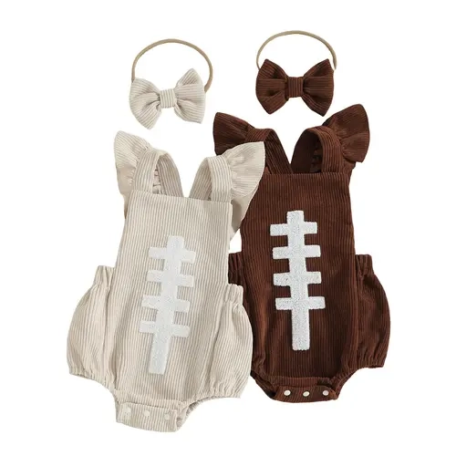 Infant Baby Girl Ruffle Sleeveless Football Embroidery Romper with Headband Outfits Set