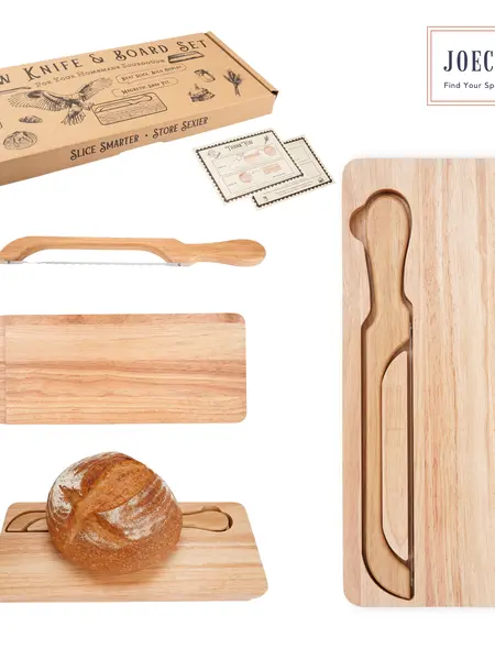 Sourdough Bow Knife & Wooden Cutting Board Set — 2-in-1 Bread Slicer with Built-In Magnetic Knife Storage | Display Tray for Artisan Sourdough, Bagels & Baguettes | Premium Stainless Steel Serrated Knife & Natural Rubberwood Board, Gift for Bakers