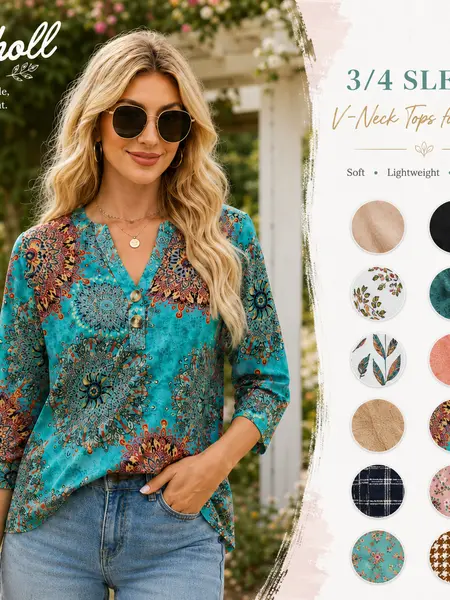 WIHOLL 3/4 Sleeve Tops Summer Outfits for Women Breathable Lightweight Blouses Air Conditioner Friendly Loose Fit Beach Vacation Girls Adjustable,sohochic