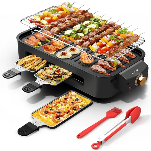 AORAN Indoor Smokeless Electric Korean Barbecue Grill - Portable Grill for Home Users, Non-Stick Removable Plate, 5-Setting Temp Control, 1500W, Dishwasher Safe Tabletop Dual Cooking Teppanyaki Griddle, Minimalist Decluttering, Smokeless Cook, Household I