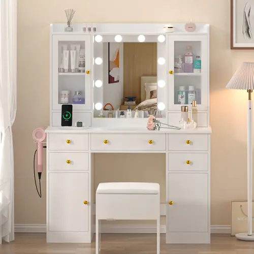 Sturdy Stable Makeup Vanity Set with 3 Makeup Trays, Storage Drawer, Charging Station, Cabinet, Vanity Chair, App+Button Control RGB Ambient Light - Beauty Organization Backlit Unit for Women’s Bedrooms, Father’s Day Gift Ideas