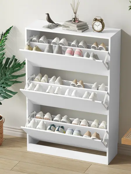Natural Finish Adjustable Shoe Cabinet with Hidden Storage，Shoe Storage Cabinet with 3 Flip Drawers,Narrow Shoe Rack Cabinet,Freestanding Organizer Storage for small-sized multifunctional furniture White fathers day gift ideas