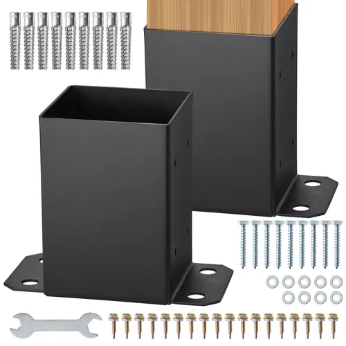 VEVOR 4x4 Post Base Full Kit (2 Pcs), 3.6"x3.6" Inner Size Carbon Steel Post Brackets, Heavy Duty Powder-Coated Corrosion Resistant Matte Black Concrete/Wood Anchor with Open-End Wrench for Pavilion Deck Railing