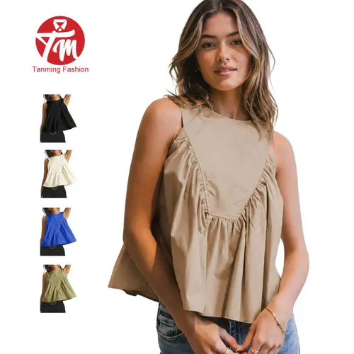 Tanming Women's Minimalist Breathable Stretchy Lightweight Basic Sleeveless Peplum Swing Tank - Loose Fit, Back Button, Ruffled Casual Blouse,summerwins,summeroutfits,vacationoutfits,beachoutfits,back to school,back to school shopping