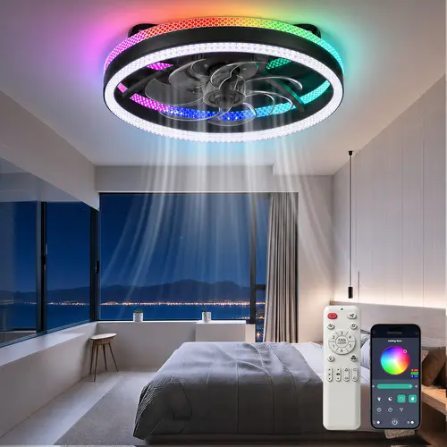 VALLERICO 19.7in Round RGB Sensory Lights Flush Mount Ceiling Fan with Remote, App Control, 6-Speed Reversible Quiet Motor, Dimmable LED, Sleek Design for Gamers’ Gaming Room, Bedroom, Home Improvement,SohoChic