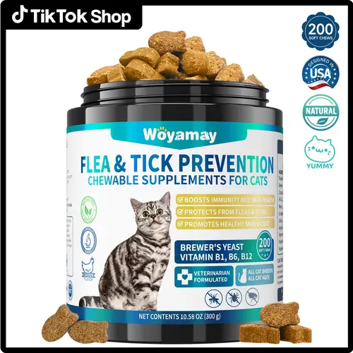 Woyamay Flea & Tick Repellent for Cats, 200 Soft Chewables Natural Flea and Tick Defense with Omega-3 and Vitamin, Daily Use Flea and Tick Protection for Kitten , Chicken Flavor No Flea Collars #DealsForYouDays #SummerWins
