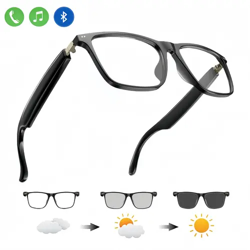 Smart Glasses with Built-in Wireless Earbuds - Auto-Tinting Polarized Blue Light Blocking Lenses, Open-Ear Audio, Hands-Free Calling, Button Control, Music Playback, Casual Plastic Frame, Android Compatible, Smart Sunglasses, Wearable Tech Glasses, Eye Ca