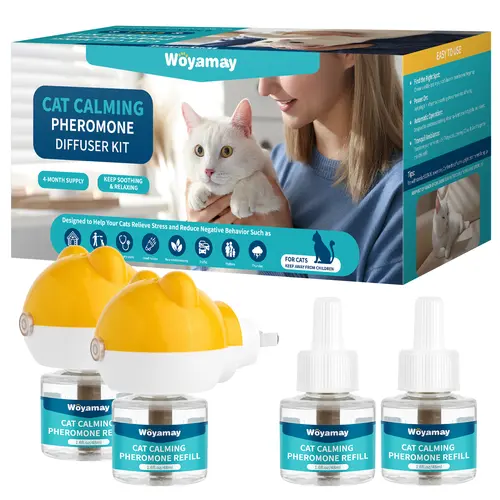 Woyamay 6-in-1 Cat Calming Diffuser Kit - Pheromone Infused for Anxiety & Stress Reduction, Kitty Support, Sleep Improvement, Stop Inappropriate Peeing, Rotatable Head (Horizontal/Vertical)