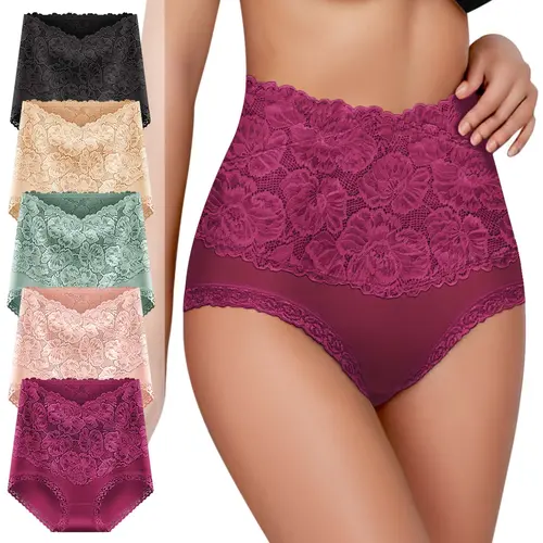 Morelect Women's Cotton Underwear Briefs - 5/7/10 Pcs Multiple Sets, High Waist Tummy Control, Soft Comfy Breathable Solid Pastel Lacy Knickers for Daily All-Season Wear, Mother's Day Gift