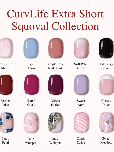 CurvLife Extra Short Squoval Press-On Nails Collection | 30PCS | Natural Nude & Pink Tones, Simple Cute, Soft Petal & Floral Styles, Glossy Jelly Finish | Summervibes | Non-Toxic Reusable Nails, Easy Application, Everyday Minimal Look for Daily Wear