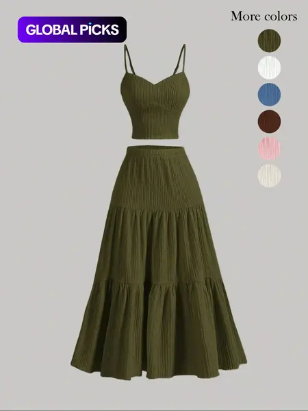 Women's Solid Woven Crop Cami Top & A-line Skirt Two-piece Set Womenswear, Casual Fashion Cozy Basic Two Piece Outfits for Daily Outdoor Wear, Ladies Clothes for Summer