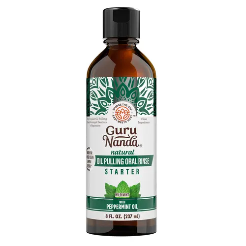 GuruNanda Coconut and Peppermint Starter Pulling Oil Mouthwash for Natural Teeth Whitening & Fresh Breath, Alcohol-Free, 8 fl oz Oral Rinse