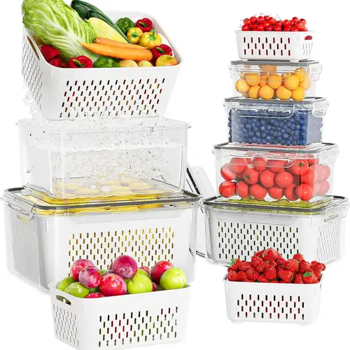 6 Pack Fruit Storage Containers for Fridge with Removable Colanders, 4 in 1 Produce Storage Containers with Lids, Leakproof Fridge Organizer Bins Keep Berry,Vegetable, Fruit, Meat Fresh Longer