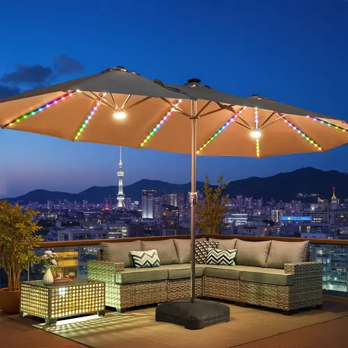 CAODOC 15FT Large Patio Umbrella with Base Included Heavy Duty Canopy Double-Side Rectangular for Poolside & Garden Use with Crank Handle Easy Adjustment Beach Shade Canopy