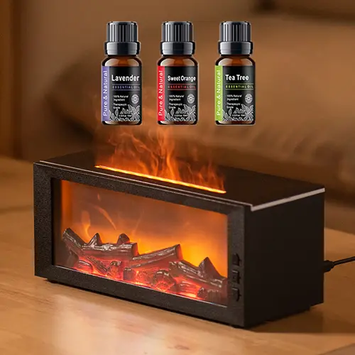 Air Humidifier Essential Oil Diffuser Flame Aroma Humidifier Home Room Fragrance Diffuser with Night Light Aromatherapy Diffuser auto-off protection bourbon  humidifier,back to school,back to school haul,sohochic