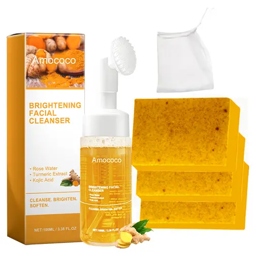 Amococo Turmeric Rich Facial Cleanser & Wash 2-Pack 100ml Bottle Set - Alcohol Free Daily Foaming Mousse with Soap, Rose Water, Turmeric Extract, Kojic Acid, Contains Neither Harsh Additives for Dirt Removal, Brightening, Soft Skin
