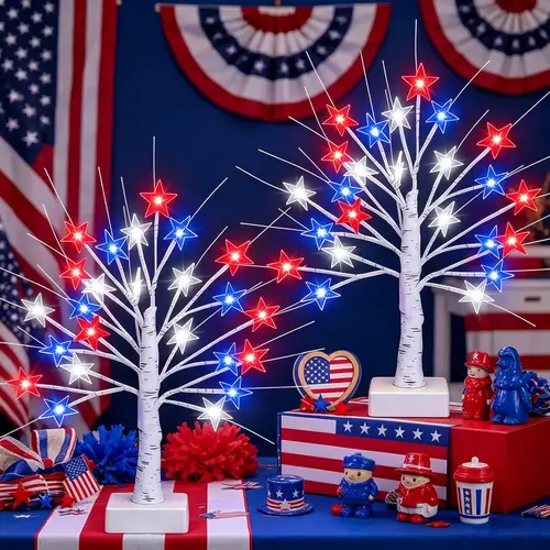 1/2 Pcs USA-Themed Decorative Led Tree Lights for July 4 Independence Day, Red/White/Blue Star Lights, 8 Flashing Modes, USB & Dry Battery Power, Floor Mount, Portable Holiday Party Decoration Supplies