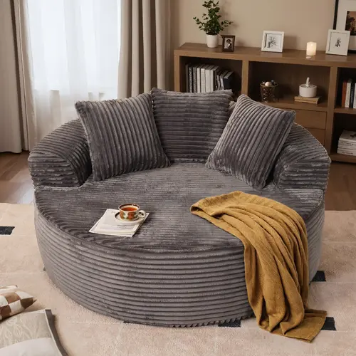 HOOOWOOO 59 Inch Oversized Chaise Lounge Chair Indoor, Round Plush Corduroy Sofa Bed with 3 Throw Pillows, Boneless Sleeper Chairs for Living Room Bedroom, No Assembly Required