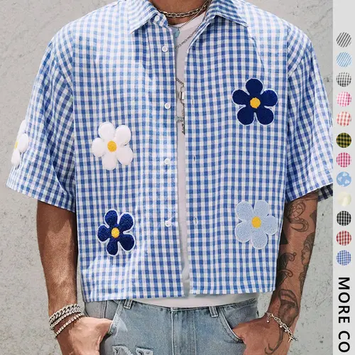 Men's Floral Embroidery Short Sleeve Shirt, Regular Fit Fashion Casual Street Retro Gingham Plaid Graphic Button Front Top for Summer, Men's Clothes for Daily Wear