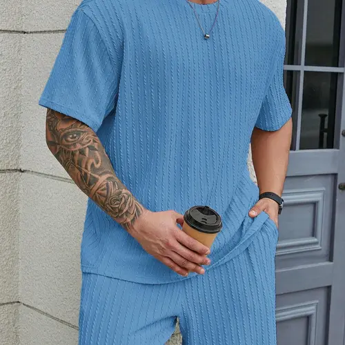 KZZ Men's 2-Piece Fashion Outdoor Set - Casual Solid Textured Round Neck T-Shirt & Men's Shorts, Relaxed Fit Male Clothing for Spring Summer,sohochic