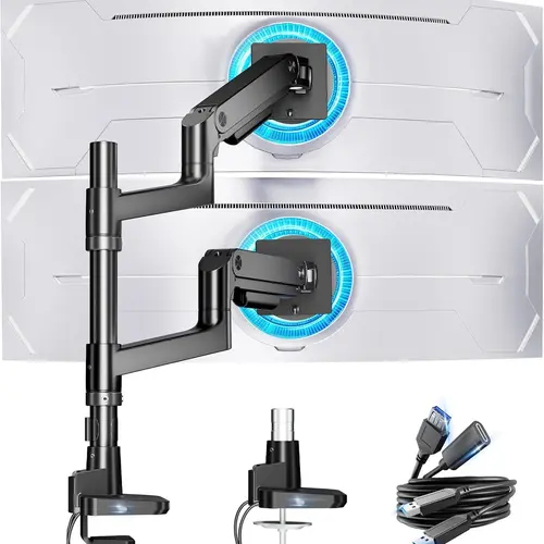 ARES WING Single/Dual Monitor Arm for Ultrawide Heavy Duty Curved Monitor Stacking, Fits 17-49 Inch, Vertical Gas Spring Double Monitor Mount with USB, Ergonomic Office Adjustable Dual Monitor Mount