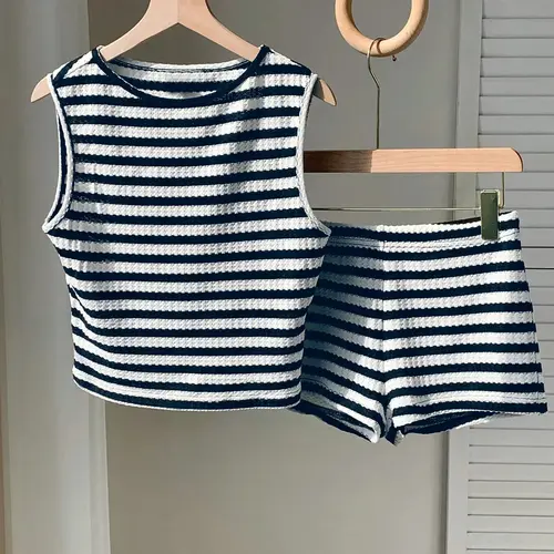 Two-piece Set Women's Striped Pattern  Tank Top & Shorts, Casual Sleeveless Round Neck Top & Shorts for Summer, Ladies Clothes for Daily Wear, Knit Outfit Set, Clothing Set, Knitted Shorts Set
