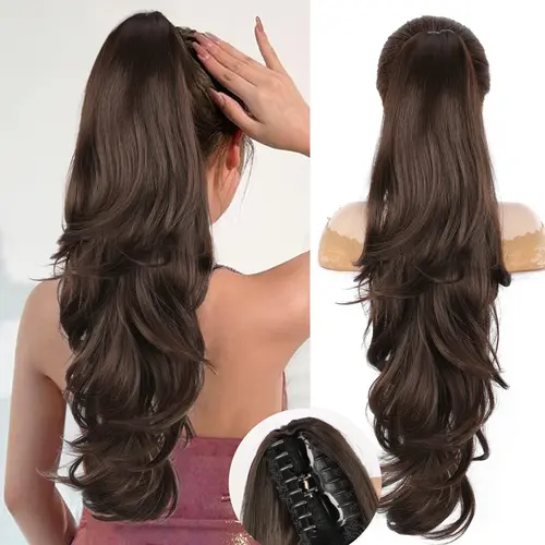 Brown Ponytail Extension, Drawstring Ponytail Extension for Women Long Brown Wavy Layered Pony Tails Hair Extensions 26 Inch Synthetic Clip in Ponytail Hairpiece for Women(Medium Brown),sohochic