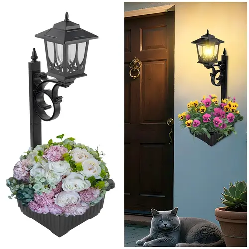 Hoodink 2-in-1 Multifunctional Solar Power Post Light with Planter, High-Speed Charge Auto-On Warm Light, IP44 Waterproof Easy Installation, for Porch Outdoor Landscape Lighting Needs, Solar Outdoor Lights,sohochic