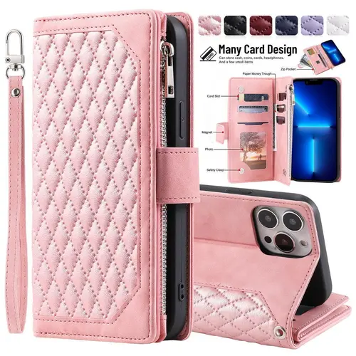 Wallet Case For iPhone 17 16 Pro Max 15 14 Plus 13 12 Leather Phone Case with Card Holder Kickstand & Wrist Strap Cover Magnetic Closure Flip Handbag Zipper Purse Shell for Women
