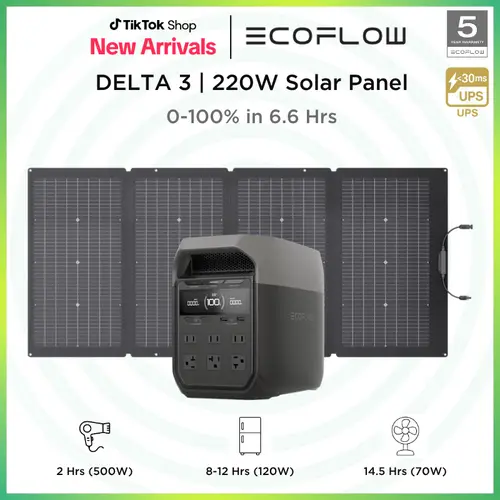 [Separate Shipping]EF ECOFLOW DELTA 3 Portable Power Station with 220W Solar Panel, Solar Charging, LiFePO4 Battery, 1800W AC/100W USB-C Output