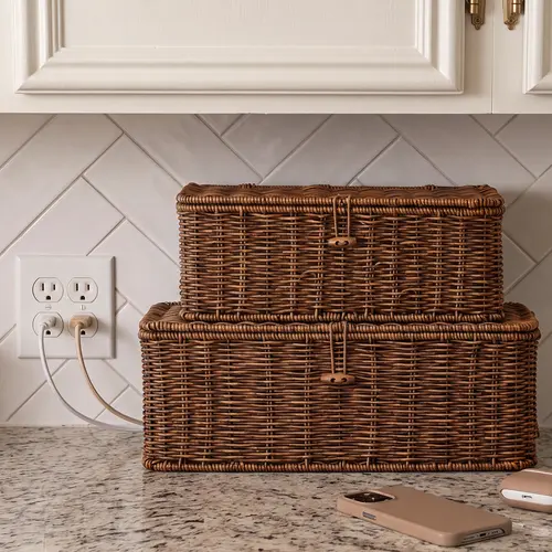 BROWNLILY Handwoven Rattan Rectangle Cable Management Box with Lockable Dustproof Lid - Desk Accessories for French Country Wire Concealment, Power Strip Hider That Reduces Dust Buildup, Home Office Under Desk Storage Bin