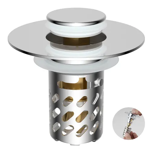 Hibbent Upgraded 3-in-1 Bathroom Stopper with Removable Stainless Steel Filter Basket Drain Protector, Universal Pop-Up Drain Strainer for 1.1''-2.36'' Standard Basin Hole - Pressure Showerhead