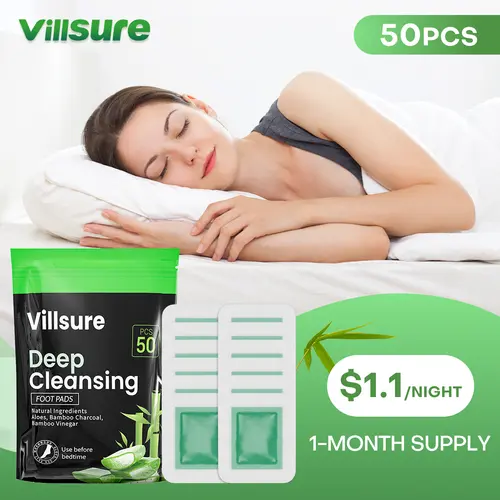 Villsure Deep Cleansing Foot Pads Foot Care With 50 Patches,Natural Aloes,Sea salt,Tourmaline,Herbal Foot Detox Patches For Foot Care,Adhesive Sheets, lmprove Sleep Quality,Relieve Fatigue and Exhaustion,Cleanse the Body & Mind,Bamboo Detox
