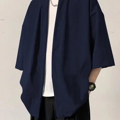 Men's Solid Color 3/4 Sleeve Open Front Kimono, Casual Comfy Breathable Tropical Longline Shirt for Daily Wear, Men's Clothes for All Seasons, Gamis, Menswear