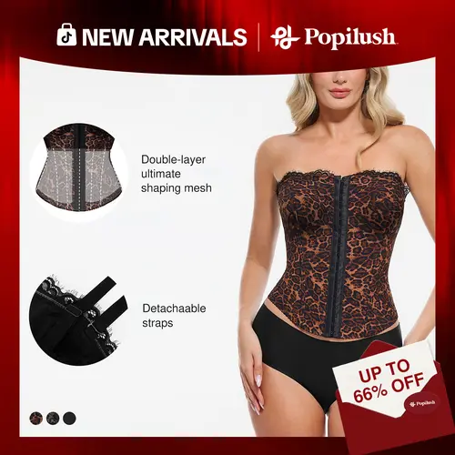 【Runs Small】Popilush Leopard Print Corset Top Women Detachable Strap Lace Up Bustier Sculpting Shapewear Tank Top SohoChic Party Club Streetwear