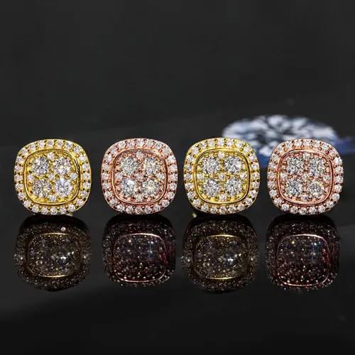 HELLOICE Moissanite Stud Earrings Square Cluster Halo 10mm Synthetic Moissanite S925 Earrings Jewelry Gift