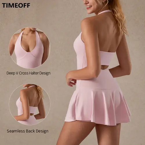 TIMEOFF Women's Sleeveless Halter Backless Sports Dress - Soft Stretch, Hidden Pockets, Athleisure Workout Athletic Dress - Ideal for Yoga, Tennis, Gym Clothes,summerwins