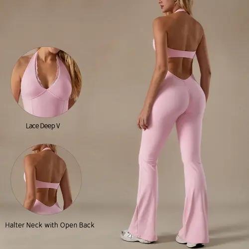 TIMEOFF Women's Backless Halter Sporty Jumpsuit - Soft Stretch Moisture-Wicking Fabric, Athletic Style Activewear Clothing, Workout Outfit for Yoga & Gym, Backless Sports Jumpsuit,summerwins