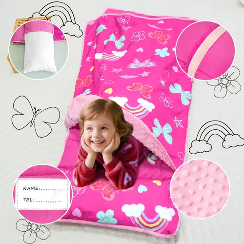 Primlect Toddler Kid-Friendly Sleep Mat - 52.8"x53.5"x1" Washable Roll-Up Design with Removable Pillow, Minky Dot Blanket, Built-In Name Tag, Carry Straps, Fun Prints - Ideal for Daycare, Preschool