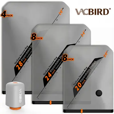 VACBIRD X8 Cordless Rechargeable Vacuum Packing Pump & Dustproof Compression Bags Set - Hands-Free, Lightweight, Portable, Transparent, Rounded-Zipper Pouch, Automatic Compression, Travel Accessories (28/24/20 in, 10/15/20 pcs) - Vacuum Bags for Travel, T