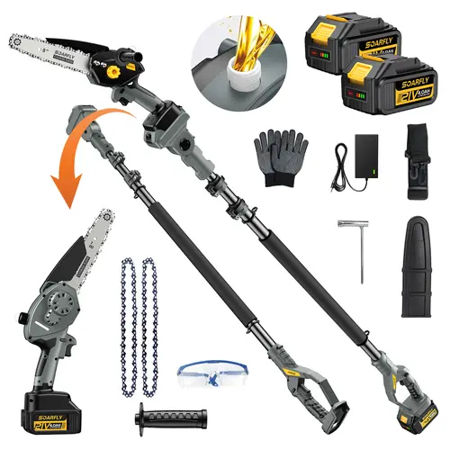 SOARFLY Long Pole & Mini Chainsaw with 2 Batteries,Handheld Wood/Tree Trimming Saw, Tools for Household and Garden,10 FT Extension Pole