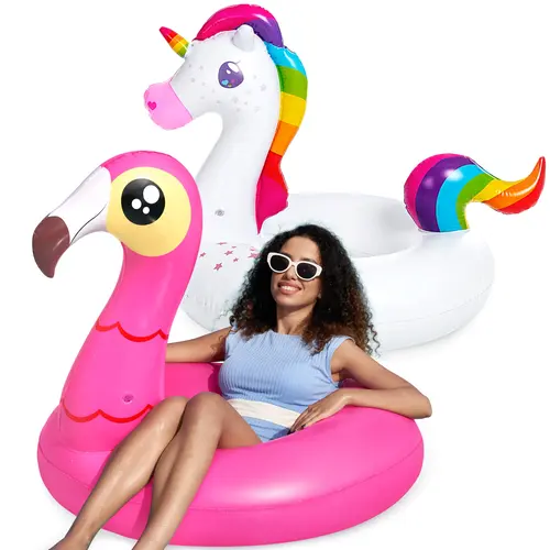 2-Pack Flamingo Unicorn Pool Float - Fun Floaties Inflatable Swimming Pool Tubes Toys Party Decorations, Summer Vacation Lake Beach Floaty Swim Rings Raft Lounger for Adults & Kids / Electric Air PumpDealsforyoudays DealsForYouDays