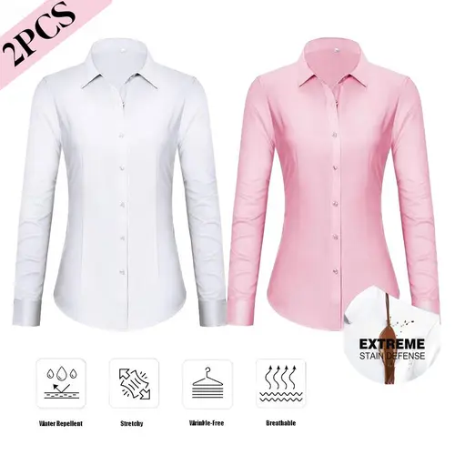2-Pack Siliteelon Button Down Stain Shield Shirts for Women Collared Wrinkle Free Basic Classic Fit Long Sleeve Tops Business Casual  Office Work Classy Layering Blouse Fall Winter Outfits Inspo