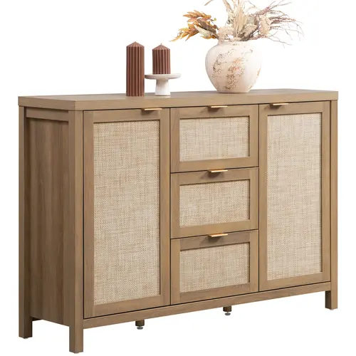 SICOTAS Large Rattan Sideboard Buffets Cabinet - Bohemian Chic Rustic Golden Wood Modern Storage Unit with Adjustable Legs, 3 Drawers, 2 Doors, Multiple Compartments, Rattan Dresser for Living Room, Tea & Coffee Bar (Detailed Instructions Included)