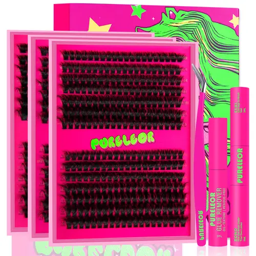 PURELEOR Clusters Lashes Kit, Fluffy 50D-150D D-Curl Individual Thick Lashes (10-16mm) with Waterproof Bond, Seal, Glue Remover & Applicator for Natural Look, Easy Apply, Reusable DIY Extensions, Lash Cluster, Eyelash Clusters