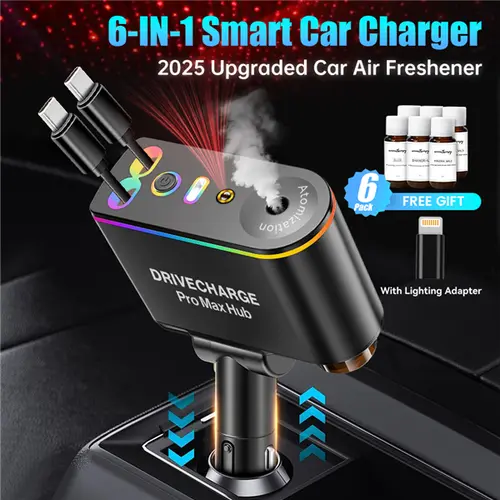 Smart Car Air Freshener & Essential Oil Diffuser with Intelligent Sensing and Mood Lighting - Retractable Charger & Starlight Aromatherapy Diffuser, Ideal Gift for Men& Travel Car Fragrance Set Car Fragrance Spray, 12–24V Power Fits Most Car Systems, Diff