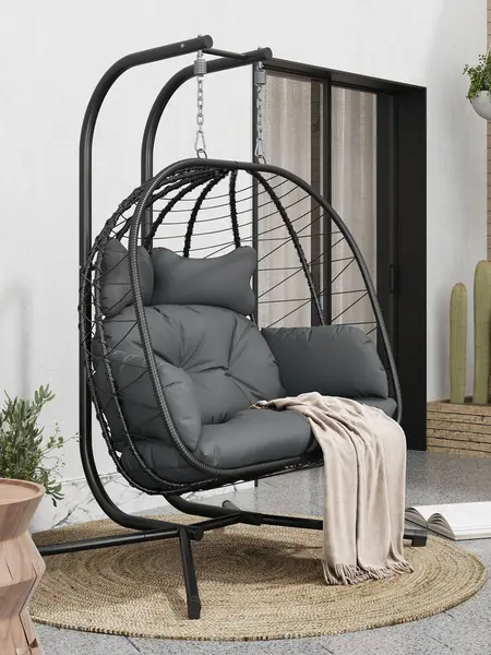 Double Egg Chair with Stand for Patio, Outdoor Indoor Hanging Swing Chair with Cushions, Wicker Rattan, 700lbs Capacity, Waterproof Sunproof for Balcony Garden Porch