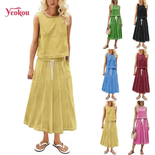 YeoKou Women's Breathable 2-Piece Sleeveless Tank & Skirt Set - High Neck, Drawstring Waist, Mid-Rise, Coordinating Fabric, Minimalist Sporty Chic Basics, 2 Piece Sets for Women (Boat Neck Wardrobe Staple),sohochic