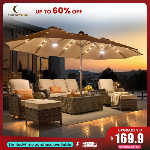 HOOOWOOO 15FT Solar LED Patio Umbrella with Base & Crank, 2 Extra Main Lights(Brighter), Outdoor Market Umbrella for Garden, Deck, Backyard, Pool, Beach - Durable Water-Resistant Fabric, Adjustable Lighted Umbrella