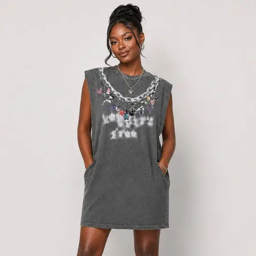 URBAN REVIVO Women's 100% Cotton Sleeveless Oversized Straight-Fit Casual Mini T-Shirt Dress - Pockets, Breathable Fabric, Elegance, Trendy Wear, All-Season Women's Dresses